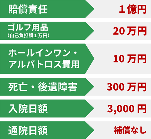 賠償責任 1億円 ゴルフ用品 20万円 ホールインワン・アルバトロス費用 10万円 死亡・後遺障害 300万円 入院日額 3,000円 通院日額 補償なし